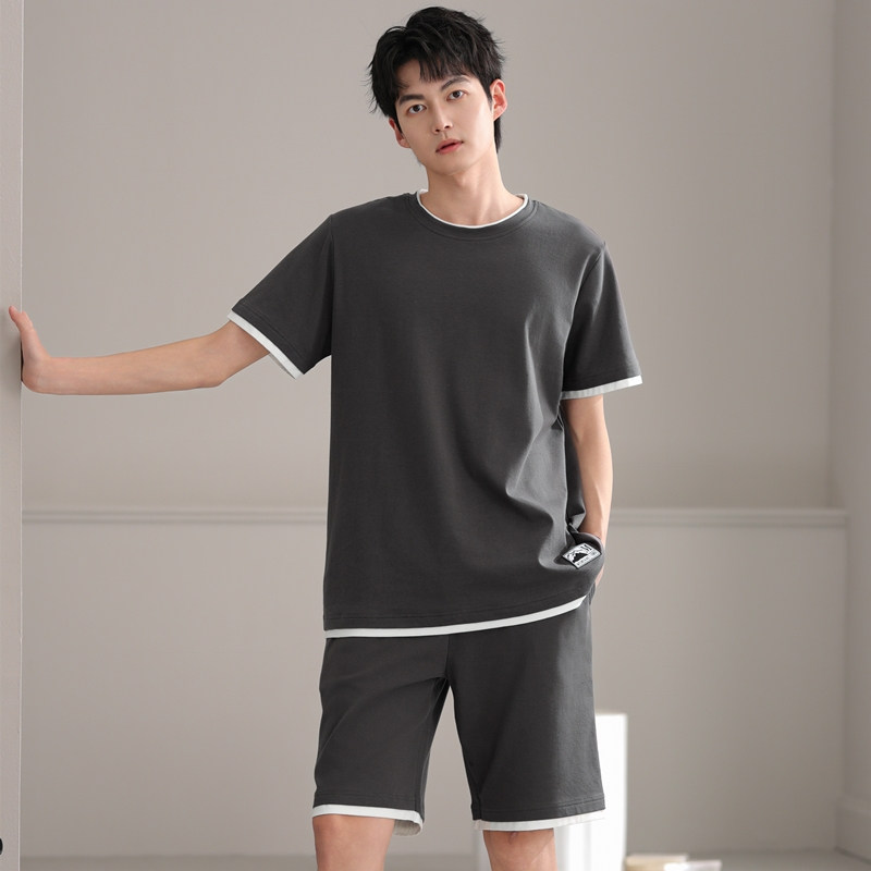 夏季睡衣男纯棉薄款休闲圆领宽松大码短袖短裤男士运动家居服套装