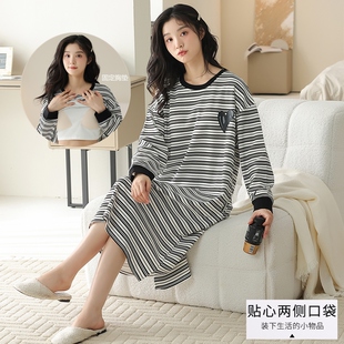 睡裙带胸垫秋冬长袖纯棉100%全棉圆领可外出含胸垫女士睡衣连衣裙