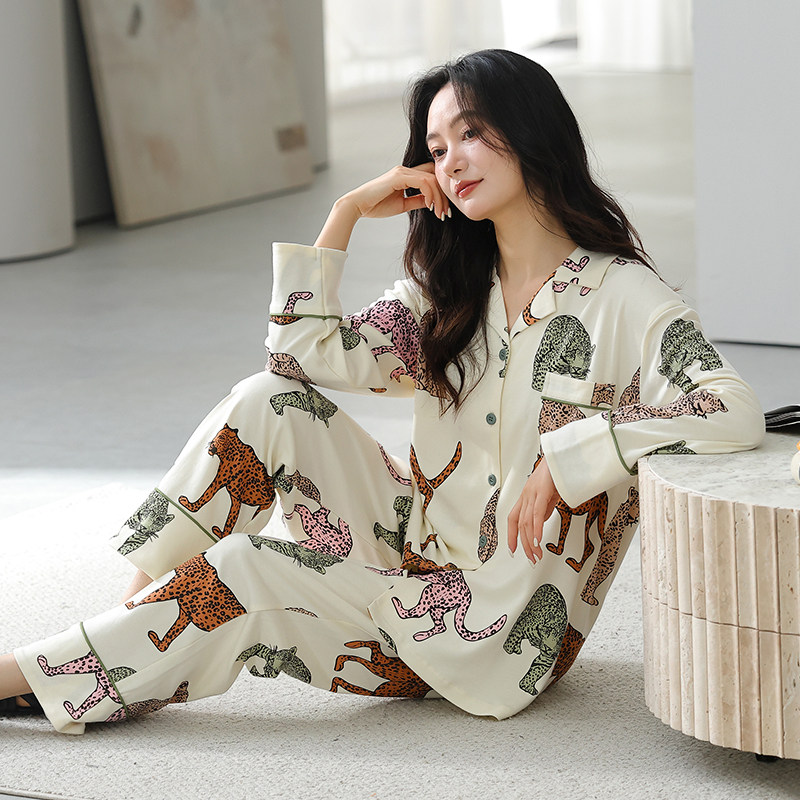春秋纯棉妈妈睡衣长袖翻领豹纹女款可外穿亲肤家居服秋衣秋裤套装
