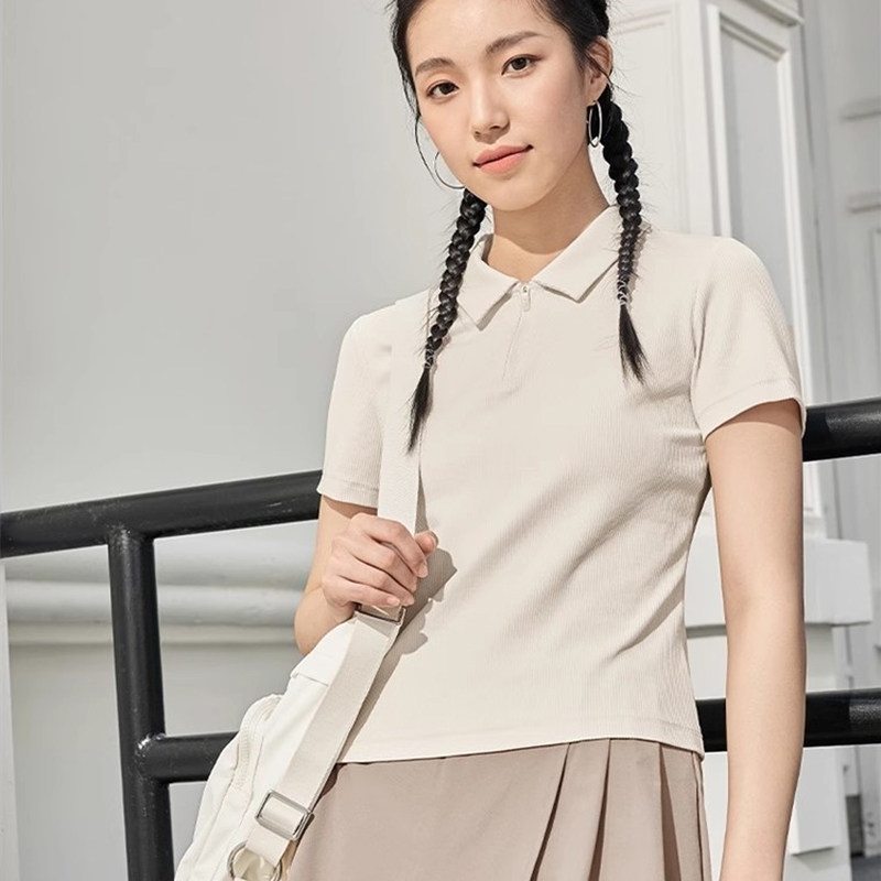 特步POLO衫女士2025新款夏季翻领短袖修身半袖短款上衣运动T恤女