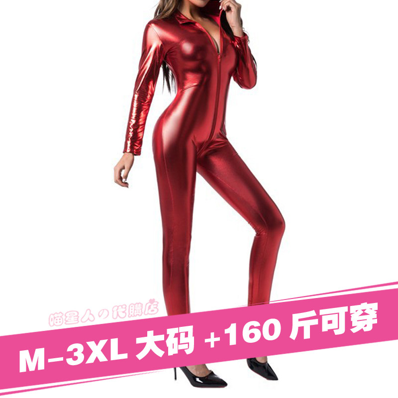 日系搜查官漆皮套装女连体大码3xl160斤束身全身拉链塑身内衣套装