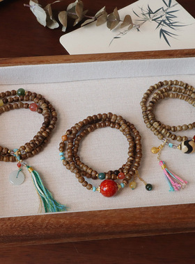 一线黄油沉香木多圈手串文玩手串三圈设计玛瑙天珠大漆珠手串