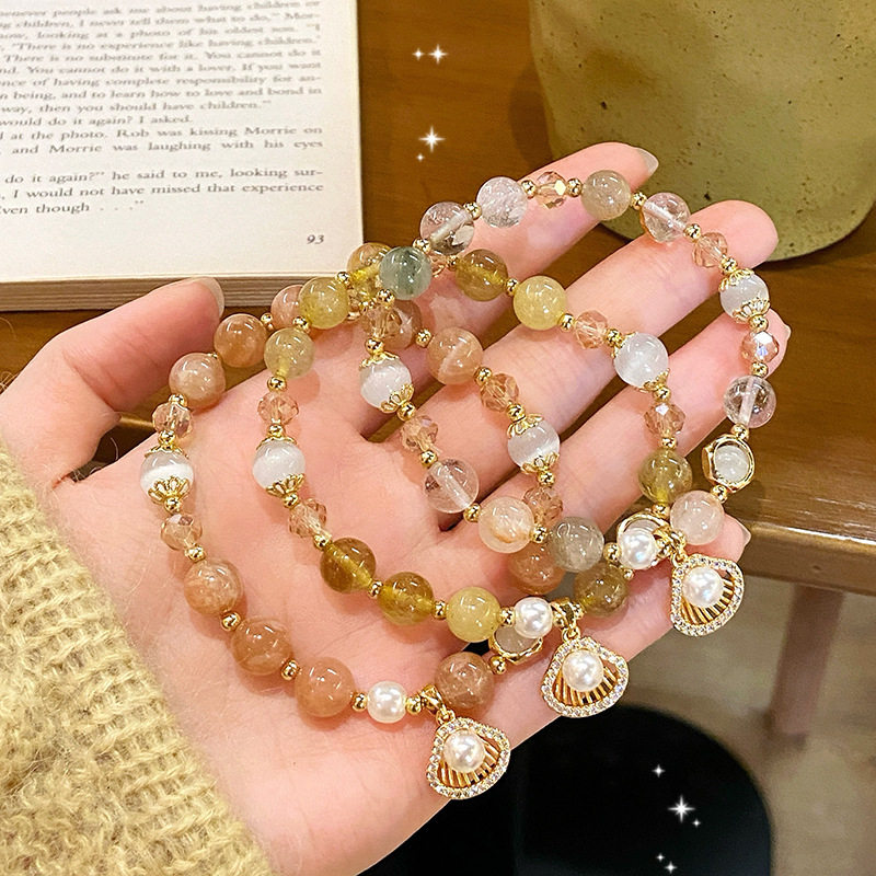 时尚手串清新甜美天然石手链发晶招财黄水晶贝壳造型吊坠手饰