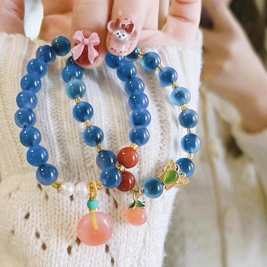2023兔年新款香积半糖甜美糖心玛瑙手串女蓝色珍珠手链桃子平安扣