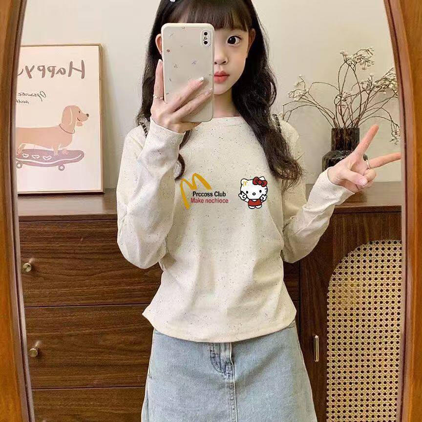 女童学生时尚长袖收腰褶皱T恤新款ins春秋冬打底衫中大童上衣百搭