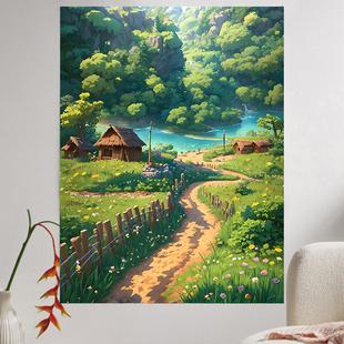 治愈系绿水青山宫崎骏风手绘田园风景油画客厅装饰毯绿色玄关挂布