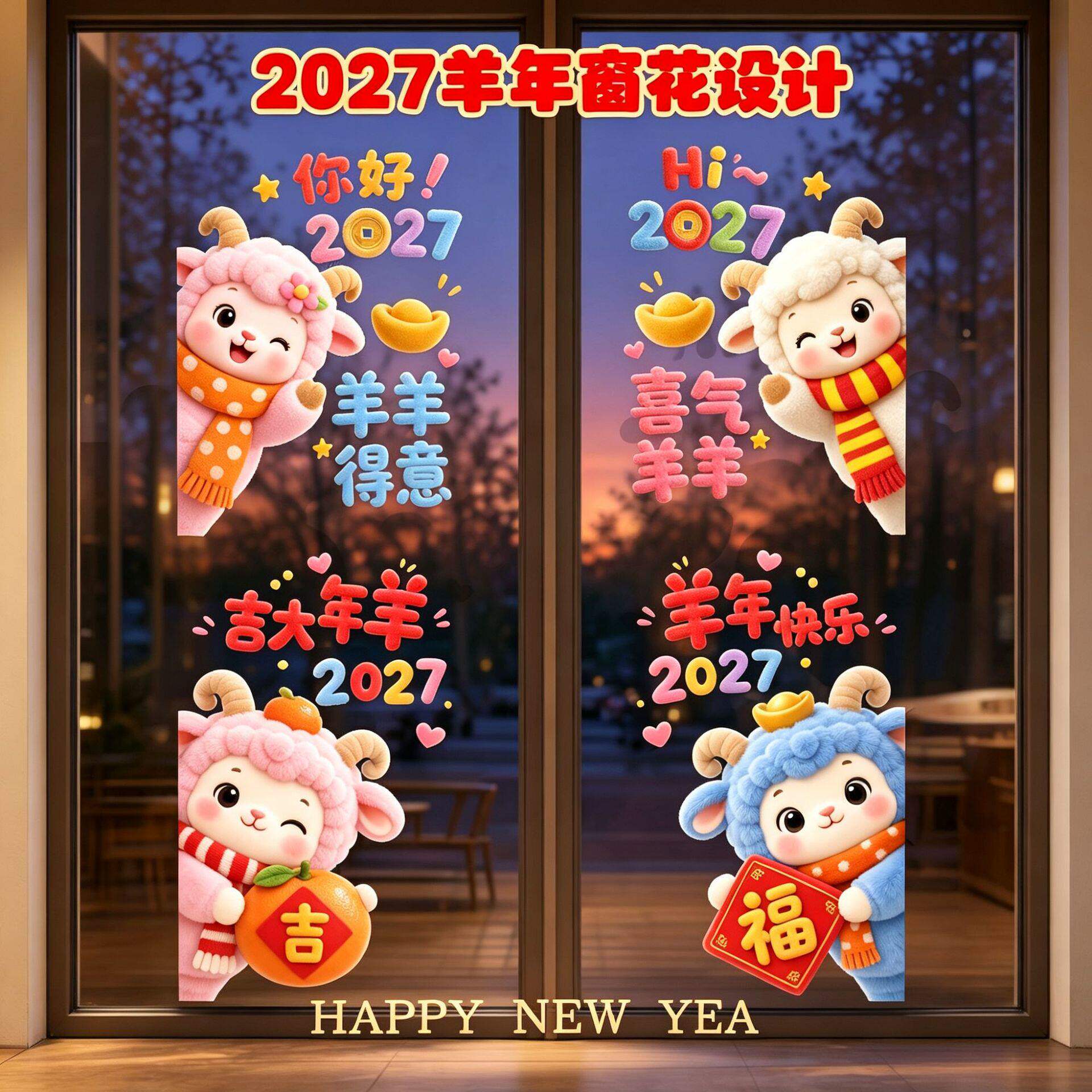 2027羊年新春玻璃窗花贴 自粘无痕春节氛围布置卡通小羊门贴贴纸