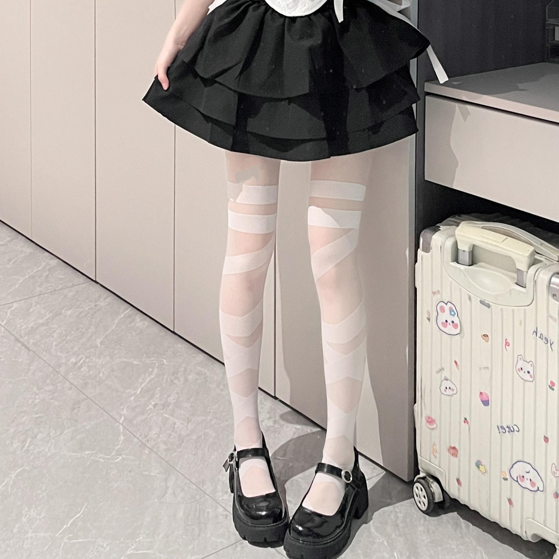 Lolita交叉绑带连裤袜日系jk绷带白色丝袜打底袜提花洛丽塔袜子女