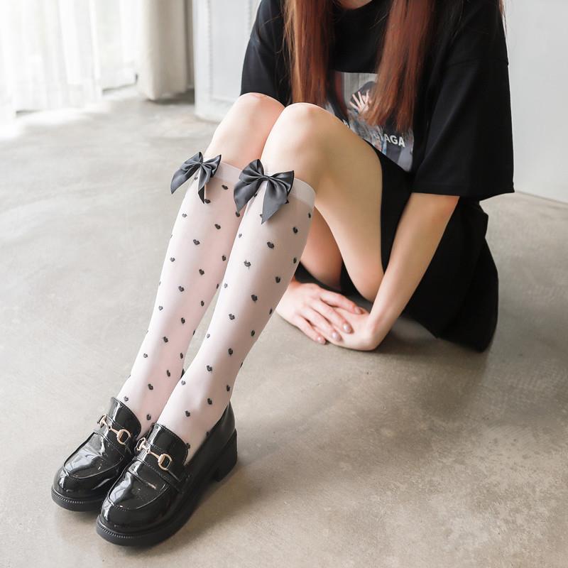 日系洛丽塔袜子蝴蝶结及膝白色中筒丝袜女可爱萝莉软妹小腿袜爱心