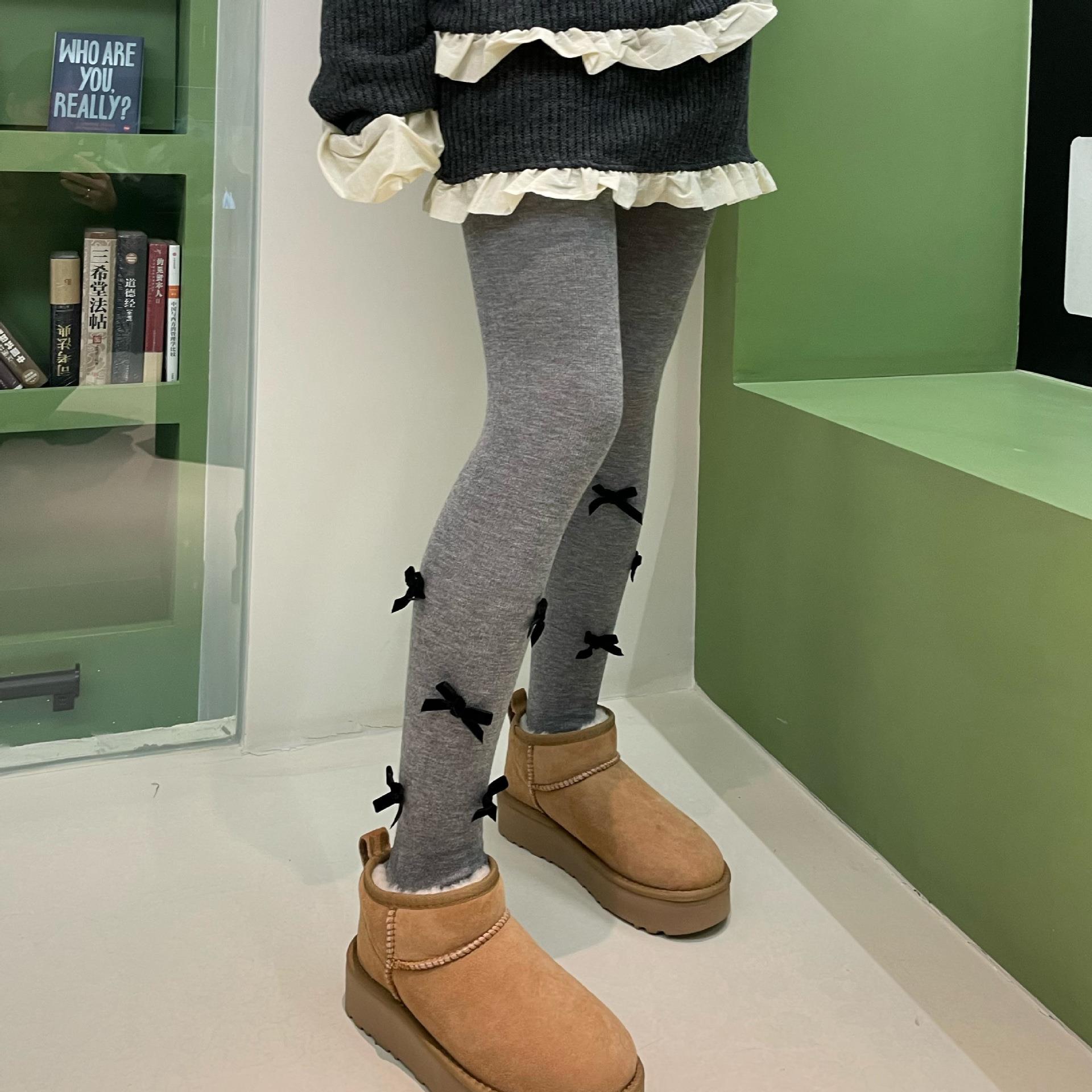 秋冬加绒加厚保暖平板羊毛打底袜多个植绒蝴蝶结韩版时髦连裤袜子