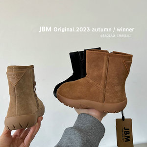 JBM潮牌冬季真皮雪地靴2023新款男女童中筒软底棉靴子加绒儿童鞋