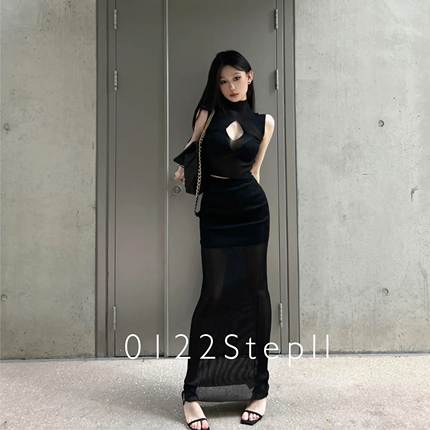 0122精致丽人 两色微透针织半身裙拼接设计感辣妹修身长裙stepll