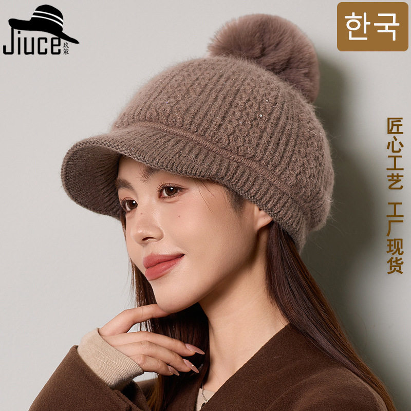 韩版轻奢兔毛保暖棒球帽女秋冬季加绒护耳针织鸭舌帽套头毛线帽子