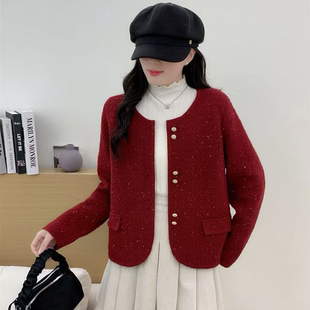 秋冬新款红色针织开衫女外套宽松长袖圆领百搭小个子短款厚款毛衣