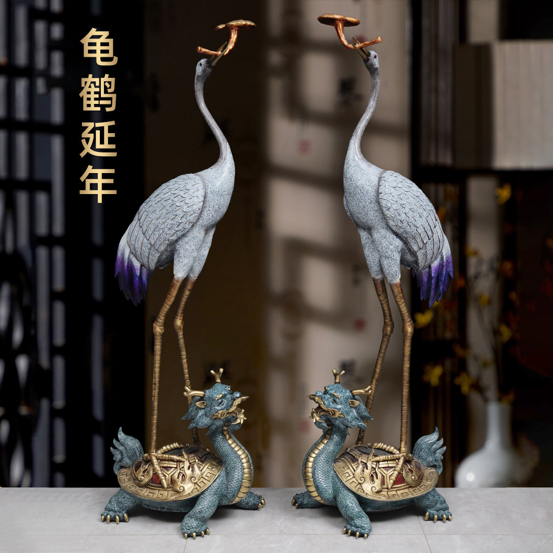 彩铜龟鹤延年仙鹤摆件一对送老人长辈祝寿贺寿礼物家居客厅装饰品