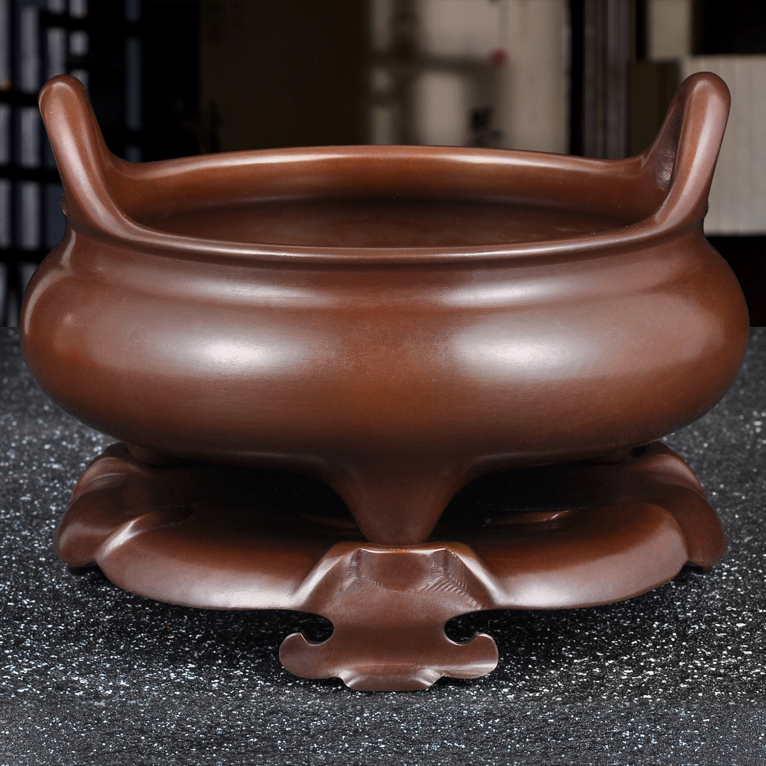 紫铜带底座冲耳炉三足香炉家用插