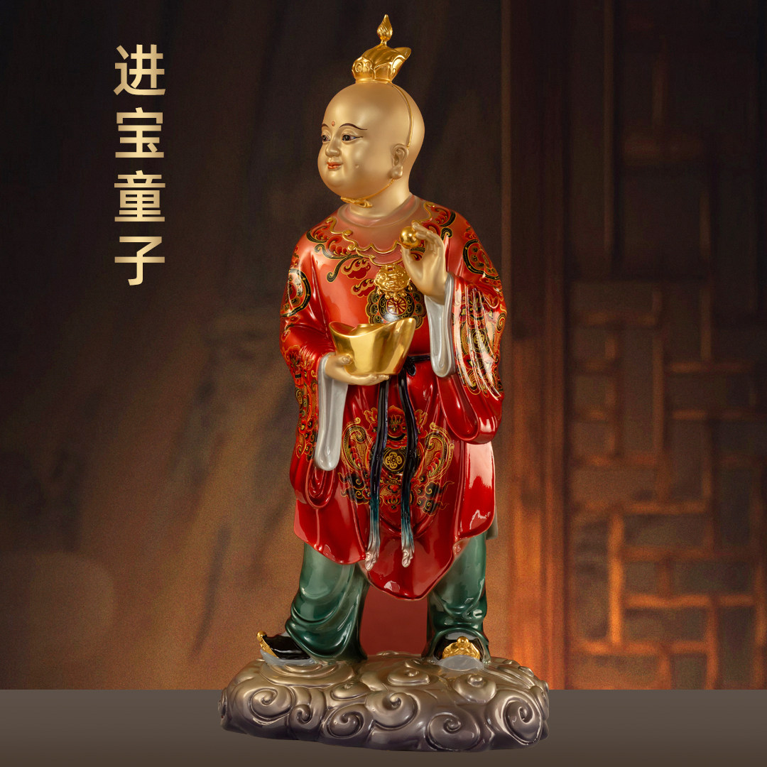 台湾全铜珐琅彩招财童子摆件财神爷护法善财童子神像家用客厅供奉