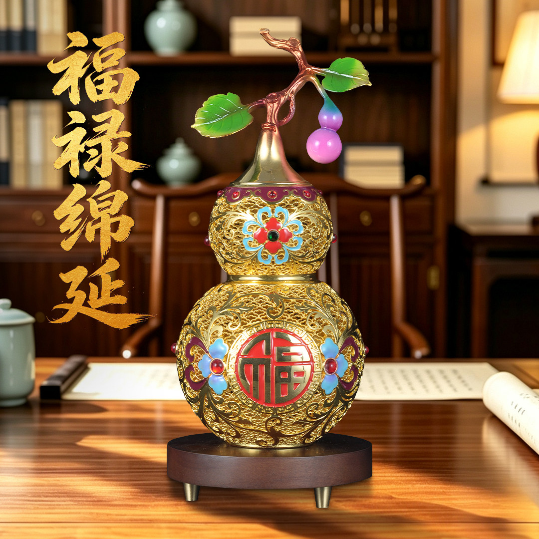 黄铜花丝葫芦摆件金缕福
