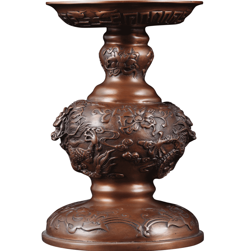 紫铜龙凤烛台摆件一对长明灯佛堂