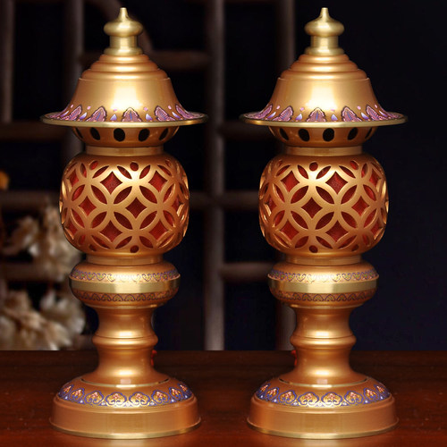 黄铜彩色莲花供灯大号一对led插电供灯家用佛堂供佛灯长明灯佛具