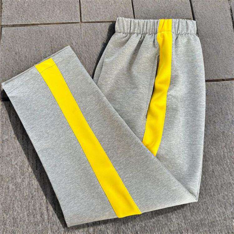 初高中生小学生浅灰色校服裤拼宽浅黄色杠亮黄色条男女儿童运动裤