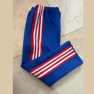 宝蓝色校服裤子光滑面料拼宽红条贴3个三道白条直筒休闲运动长裤