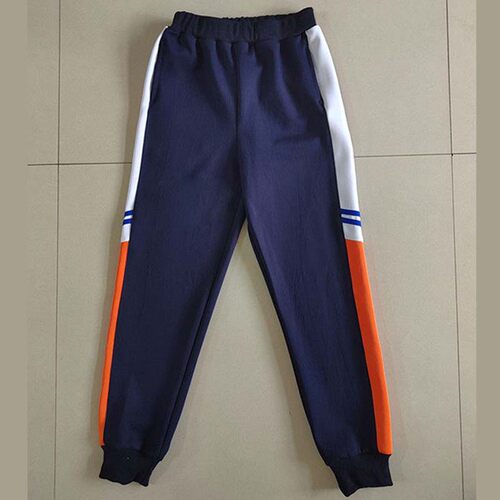 中小学生深蓝藏蓝色校服裤子拼接宽白橘杠加宝蓝杠宽松休闲束脚裤