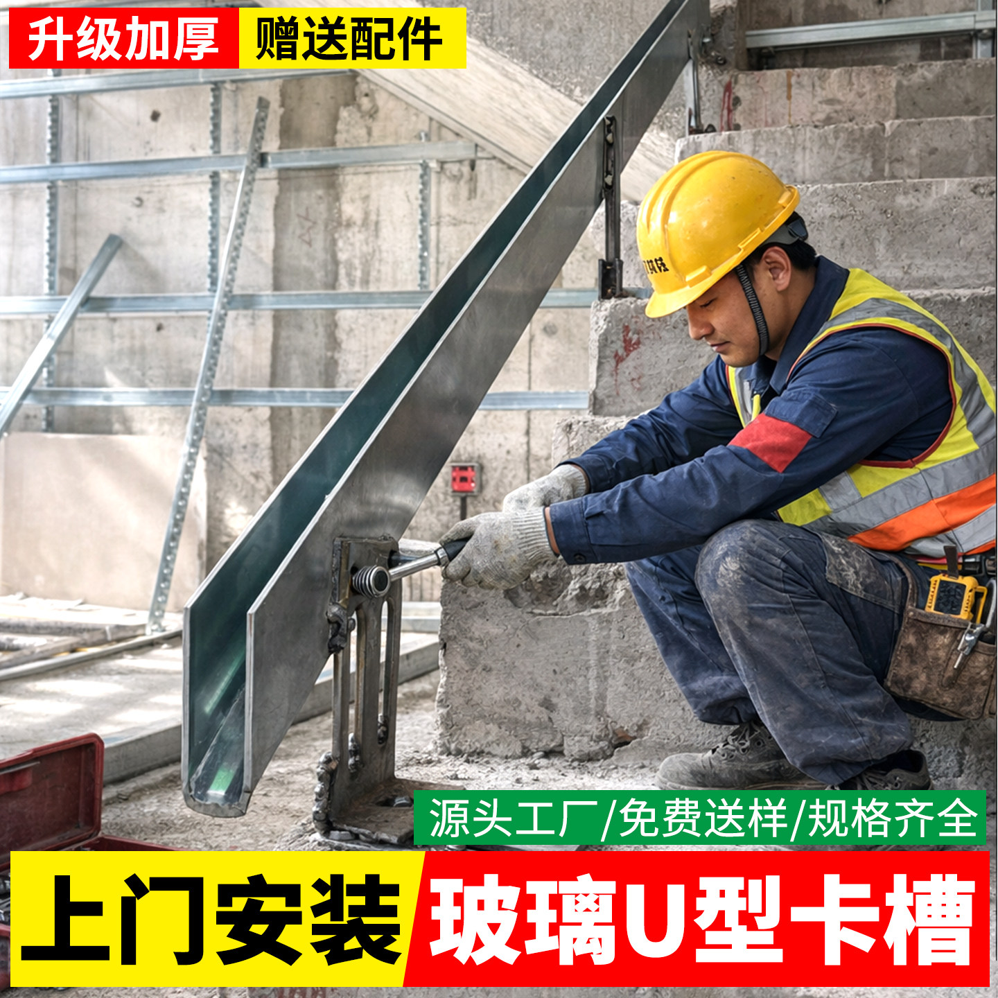 铝合金玻璃卡槽不锈钢u型槽楼梯扶手预埋型材包边条卫生间隔断条