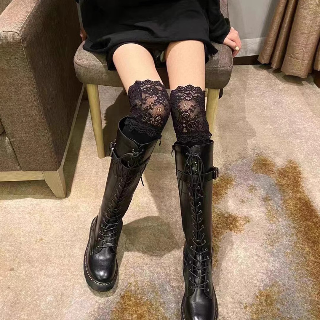 蕾丝花边过膝长筒袜女韩系纯欲风大腿袜竖条显瘦靴袜ins潮流袜子
