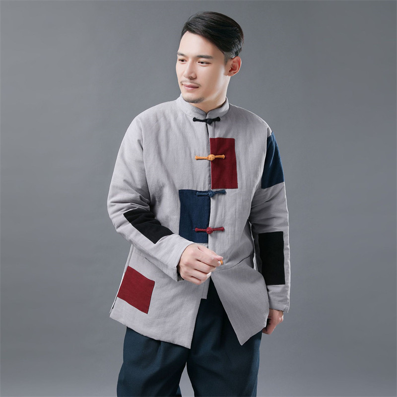冬季新款 补块对襟棉袄 民族文艺风男式棉服立领拼色棉衣盘扣设计