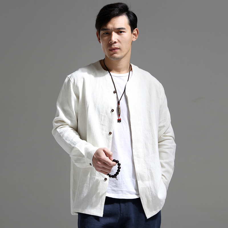 春秋薄款亚麻复古夹克 男中国风棉麻开衫外套文艺复古外穿款衬衫