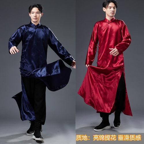 中国风新款男士亮锦提花加长长衫