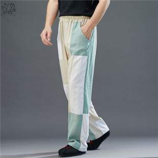 休闲裤 国潮男式 高腰直筒宽松禅意 棉麻拼色个性 民族风春夏原款