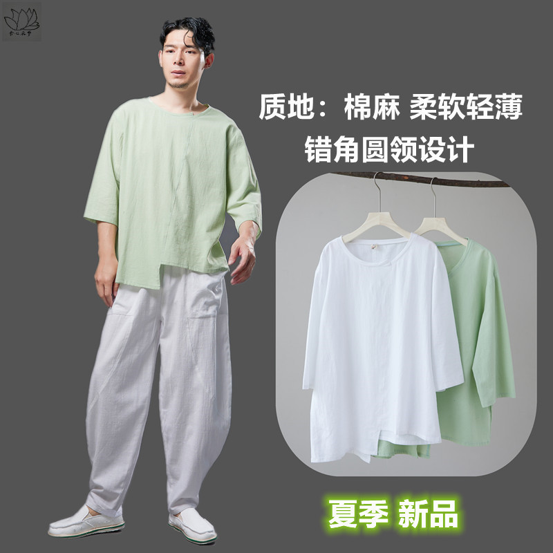 棉麻休闲圆领宽松套头夏季七分袖