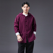 连帽上衣 苎麻外套风衣盘扣带帽复古中国风宽松休闲男士 新中式 秋季