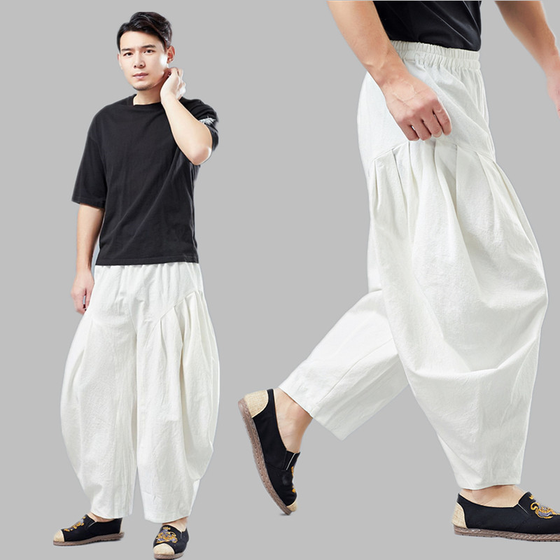 2022新款春夏多褶棉麻中国休闲裤
