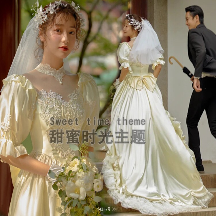 影楼婚纱照复古美学欧式宫廷婚纱 古董蕾丝大摆拖尾传统摄影礼服