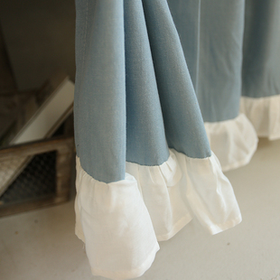 美式 窗帘半帘复古乡村天蓝色素色棉布荷叶花边免打孔门帘粘贴定制