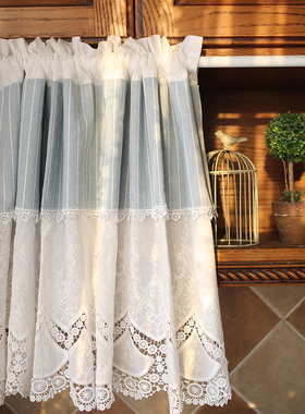 美式白色棉布绣花蕾丝条纹半帘遮挡裙门帘幔头免打孔穿杆窗帘遮光