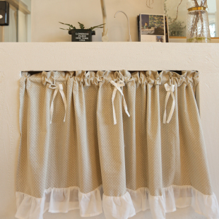 美式 粘贴魔术贴定制 窗帘半帘麻米色水玉点点卡其色免打孔门帘韩式