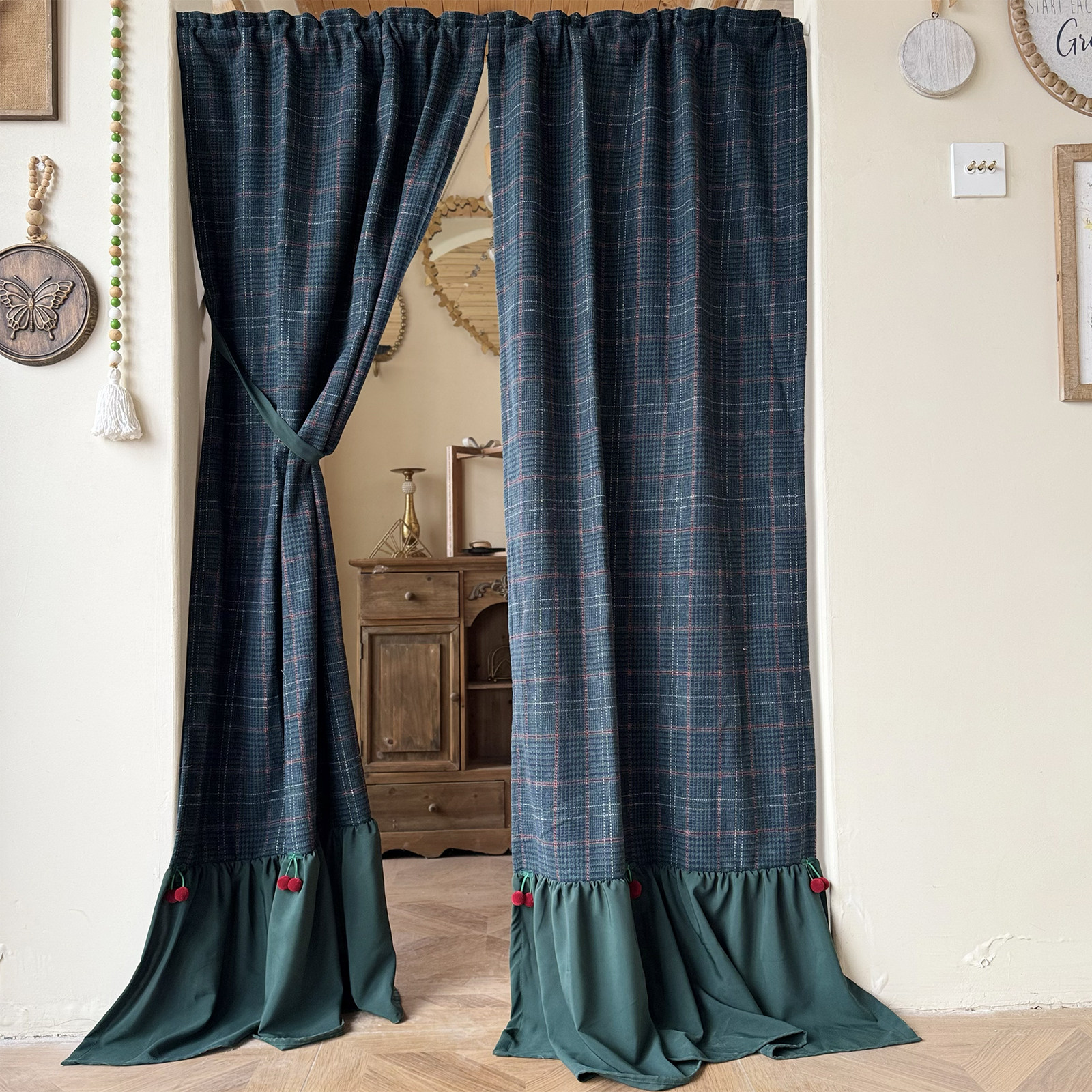 绿野浆果英式复古绿格窗帘门帘遮挡帘加厚毛呢空调帘系带免打孔帘,居家布艺,成品窗帘,淘宝优惠券,粉丝福利购,淘宝优惠卷