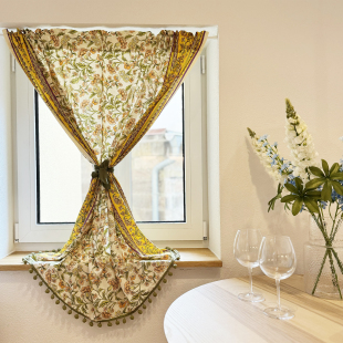 明媚邂逅法式 厨房门帘穿杆定制魔术贴窗帘 碎花棉免打孔半帘美式