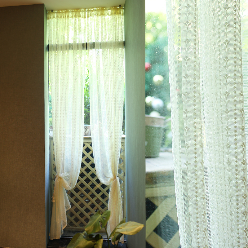 【定制】鸢尾乡旅竖条花朵蕾丝窗纱帘窗帘米黄色柔光背景帘隔断帘
