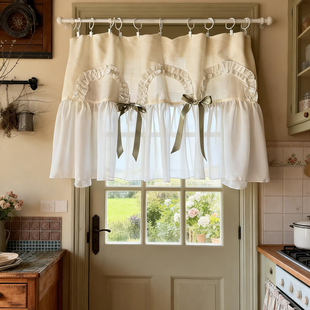 初雪抹茶蝴蝶结半帘门帘小窗帘定制免打孔美式 厨帘柜帘定制粘贴