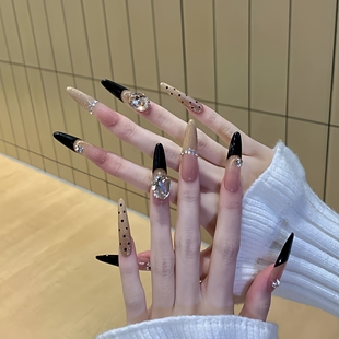 Jenny同款miu系金色波点猫眼穿戴甲法式纯手工长款轻奢辣妹美甲