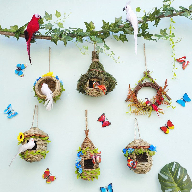 创意鸟巢草编鸟窝空中吊饰田园壁饰庭院环境布置客厅挂件森系挂饰