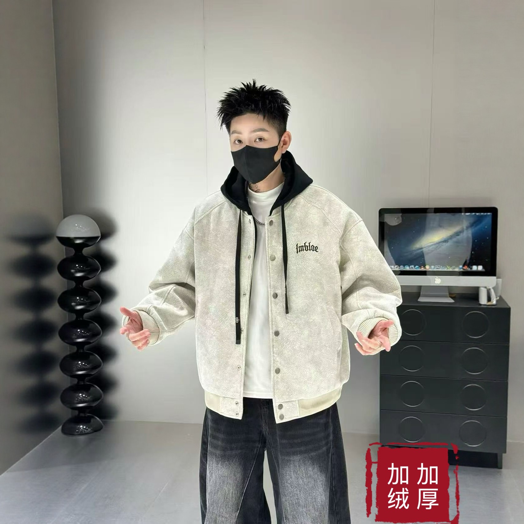 美式复古潮牌刺绣字母连帽外套男25冬季新款宽松休闲百搭加厚棉衣,男装,夹克,淘宝优惠券,粉丝福利购,淘宝优惠卷