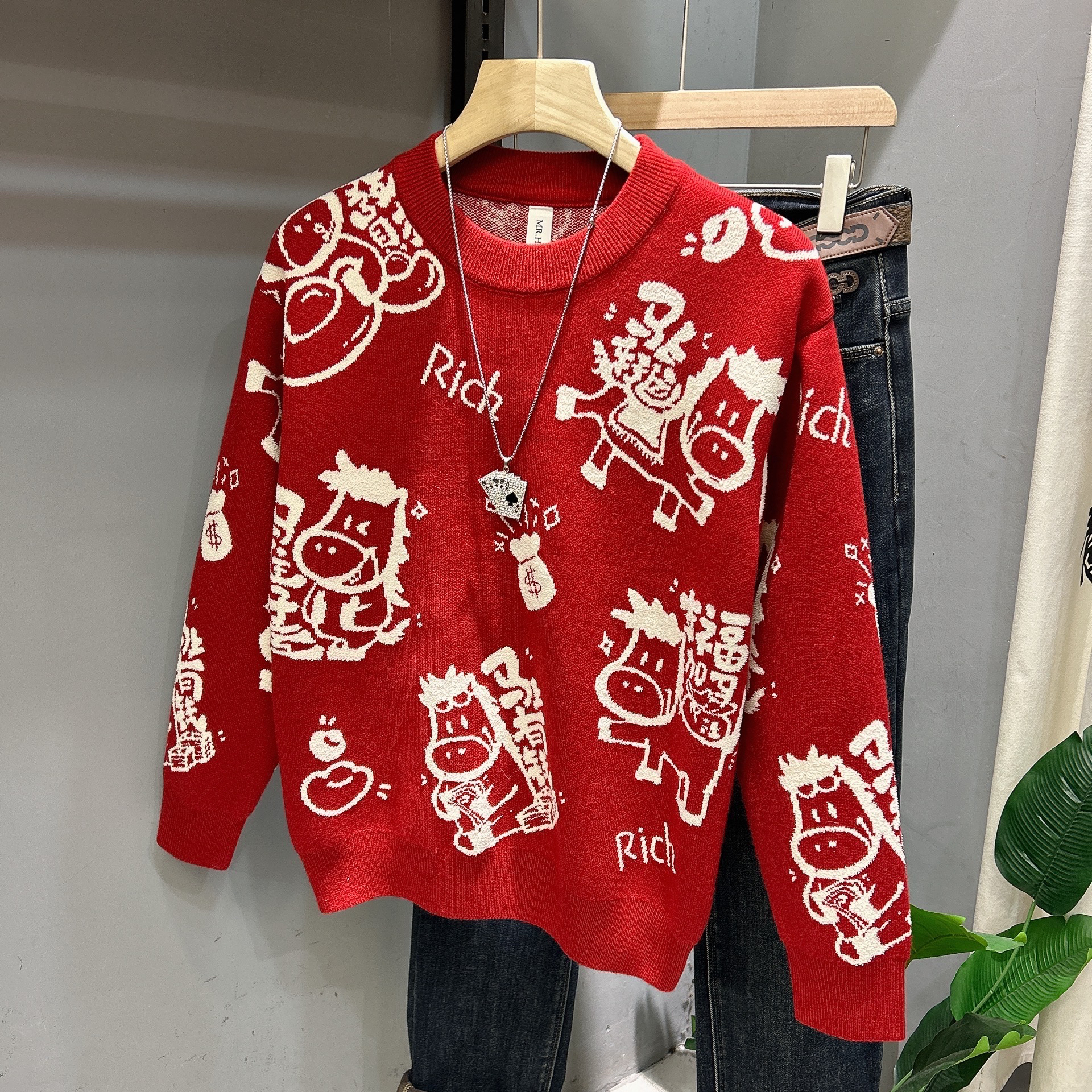 2026本命年红色毛衣马上有钱男女同款上衣圆领提花男士保暖针织衫