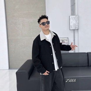 高端翻领短款 夹克 毛呢大衣男秋冬潮牌设拼接帅气外套黄金貂绒修身