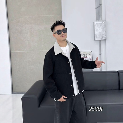 高端翻领短款毛呢大衣男秋冬潮牌设拼接帅气外套黄金貂绒修身夹克